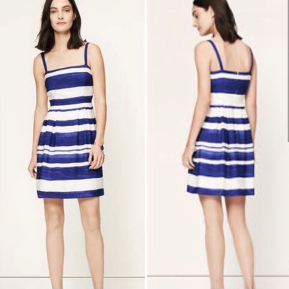 LOFT Blue/White Striped Pleated Strappy Square Neck Mini Dress Size 00P